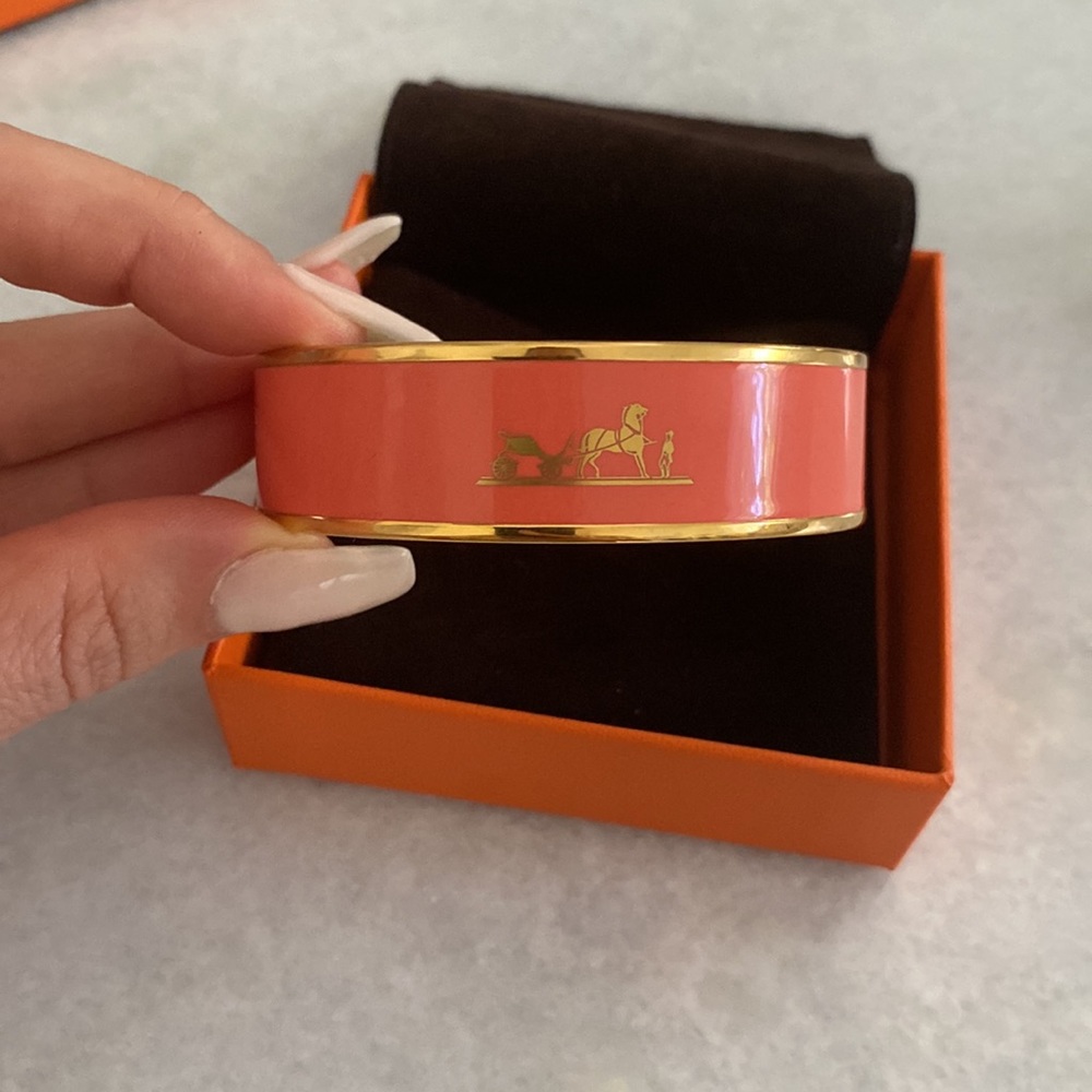 Hermes Caleche Orange Enamel Gold Plated Bangle Bracelet
